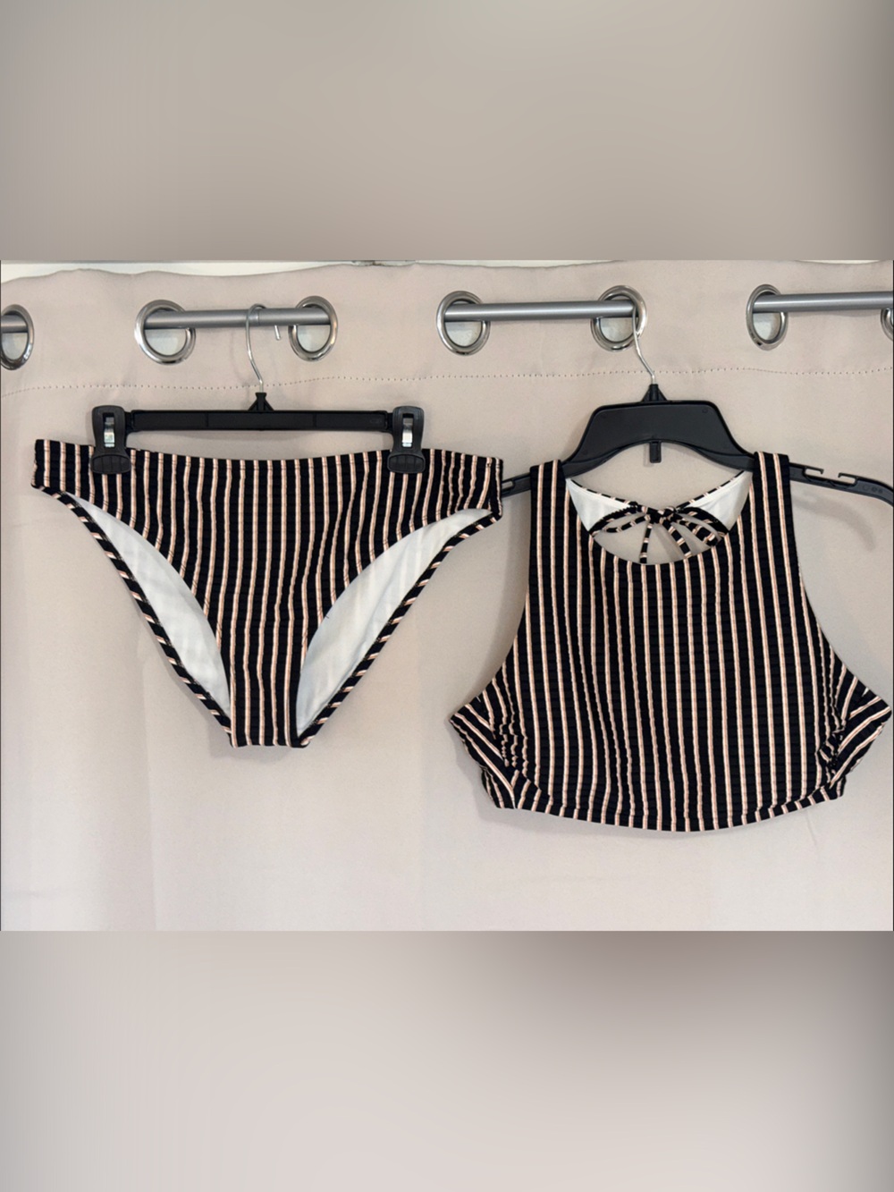Shade & Shore Black and Cream Striped High Neck Bikini Set
